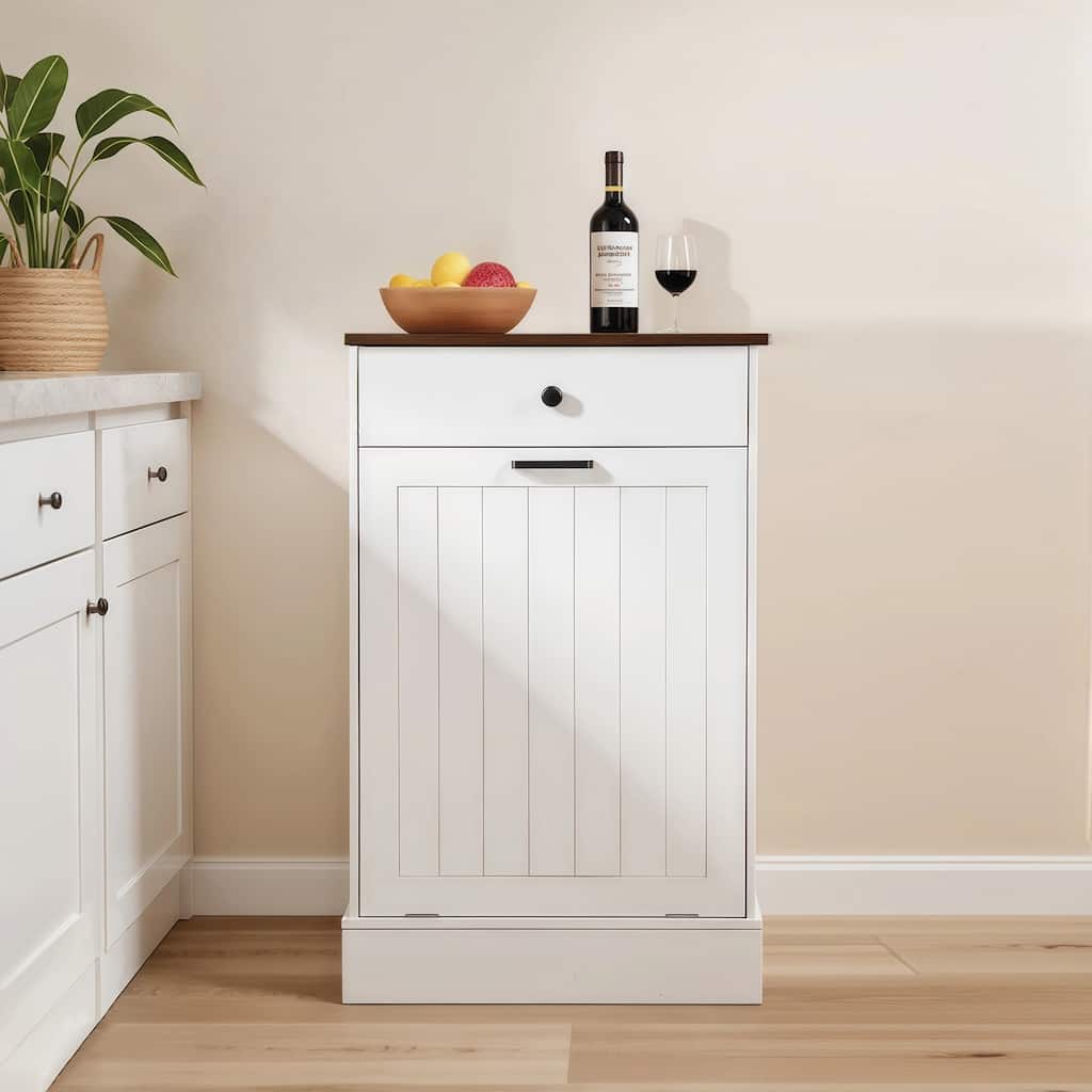 Tilt Out Trash Can Cabinet, Hidden Wooden Trash Can Cabinet with Drawer, Free Standing Garbage Cabinet, 10 Gallon Hamper Cabinet