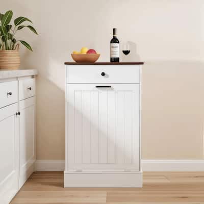White Tilt Out Trash Can Cabinet – Hidden Wooden Garbage Cabinet with Drawer, 10-Gallon Farmhouse Laundry Hamper Cabinet .
