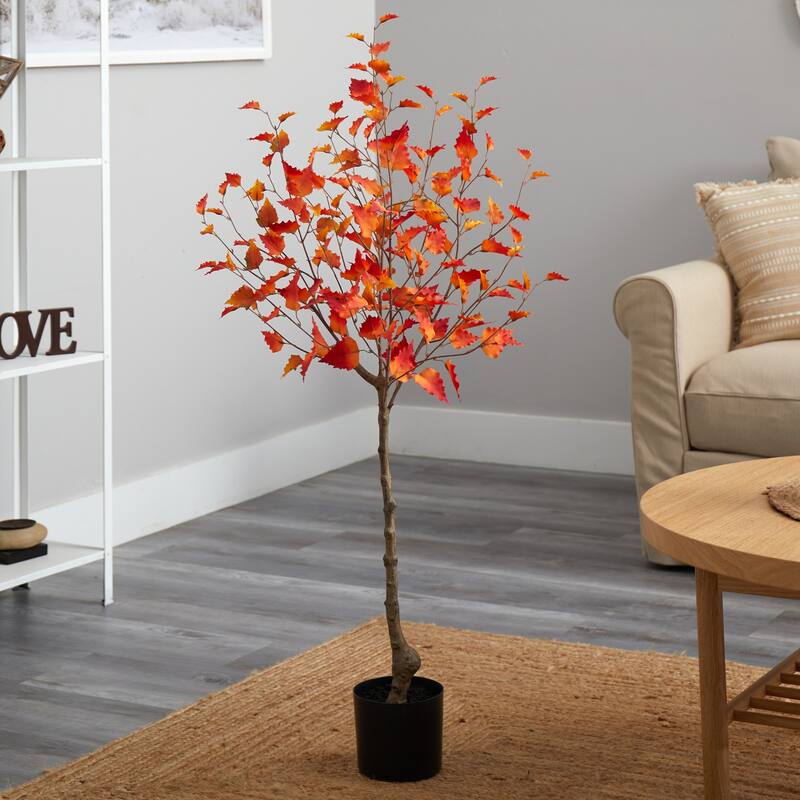 4ft Artificial Birch Tree - Fall Foliage Indoor Accent Tree with Planter - Green - 51-60 Inches