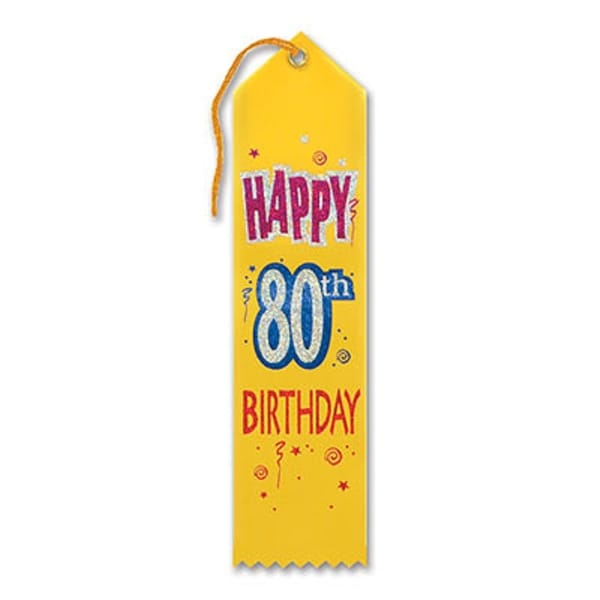 Pack of 6 Yellow "Happy 80th Birthday Award" School Award Ribbon Bookmarks 8" - N/A