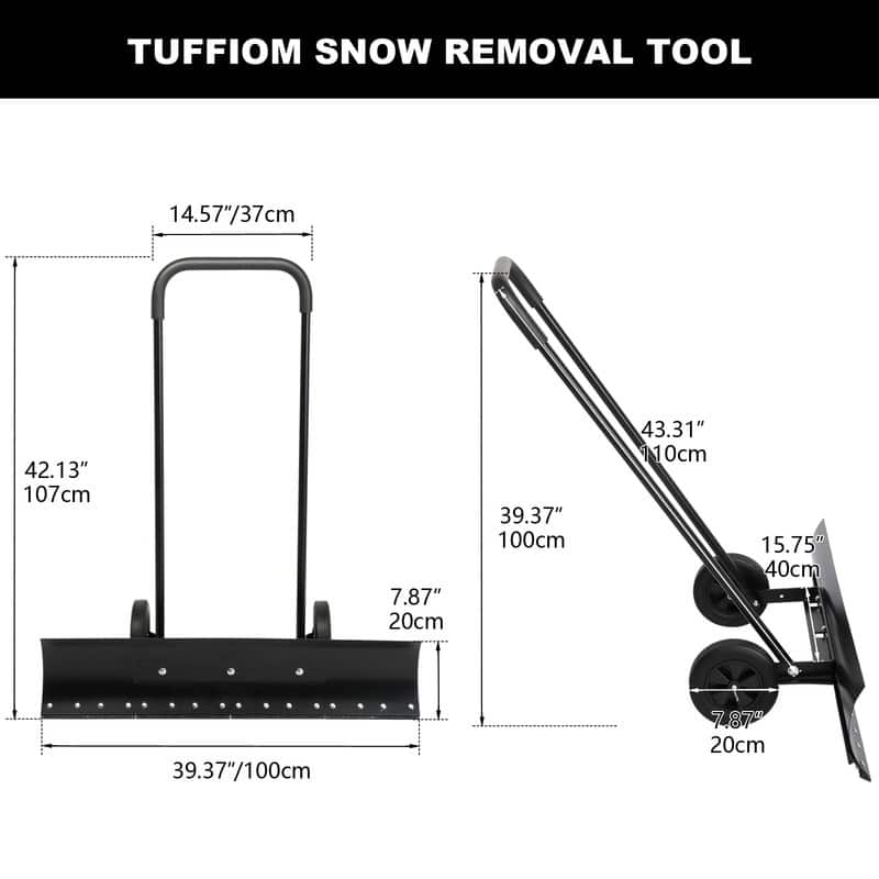 39 in. Black Snow Shovel Rolling Snow Pusher with 2 Wheels - 37.37 x 7.87 inch