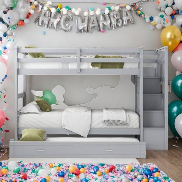 slide 2 of 18, Modern Twin Over Twin Multifunctional Bunk Bed With Trundle And Staircase,Storage Drawers,Solid Construction Grey