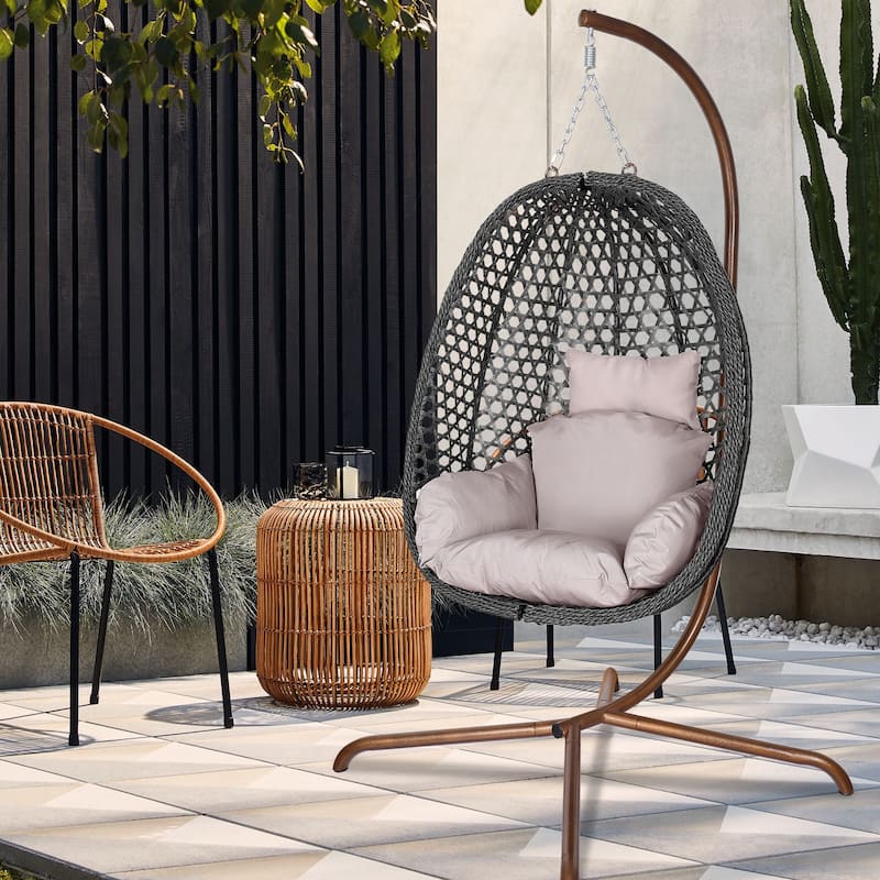 Outdoor/Indoor Swing Egg Chiar With Stand, Cushion And Headrest - Black