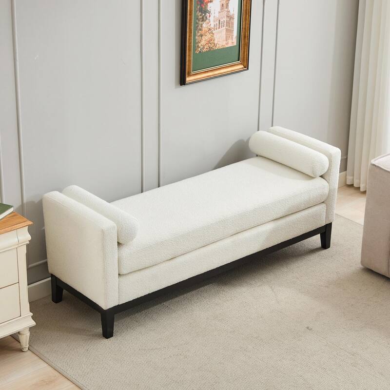 ​66" Upholstered Storage Bench - PU with Bolster Pillows - White Boucle+Black Legs
