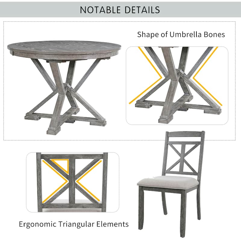 Retro 5-Piece Dining Table Set with Extendable Round Table and Upholstered Chairs for Dining Room