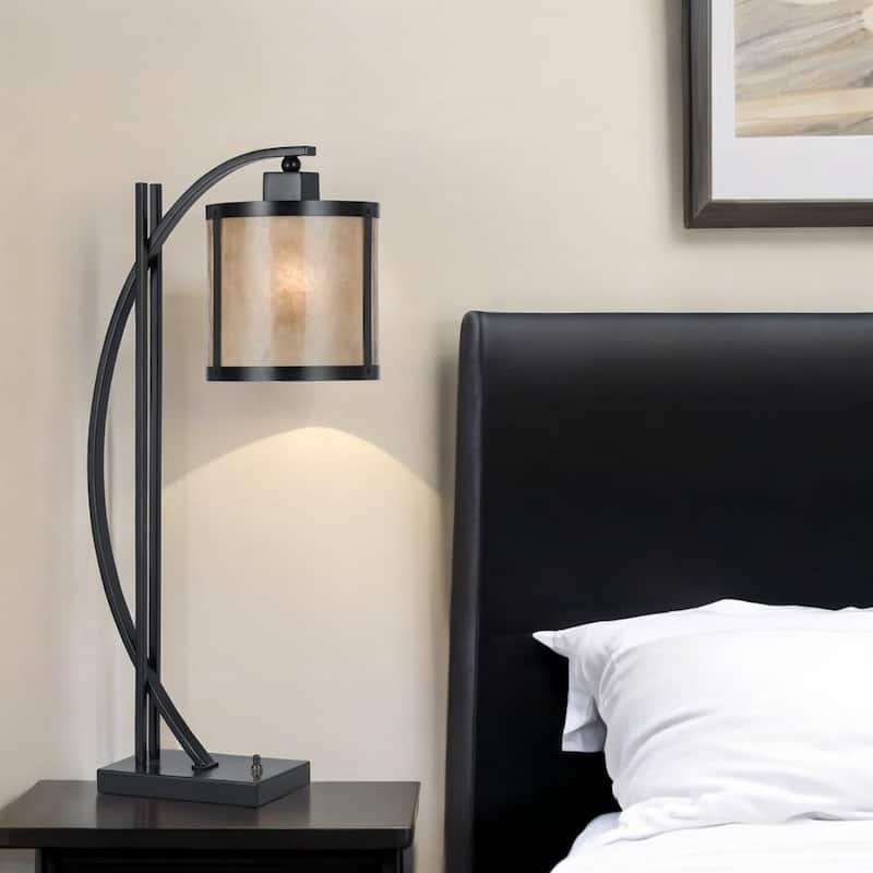 Black Metal Lantern Table Lamp 26 Inch with White Drum Shade and Mica - 13" x 7" x 26"