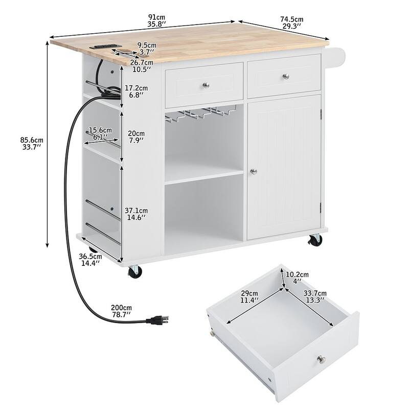 47" Modern Kitchen Cart with Electrical Outlet, Rubberwood Kitchen Island with Drop Leaf and Adjustable Storage Cabinet