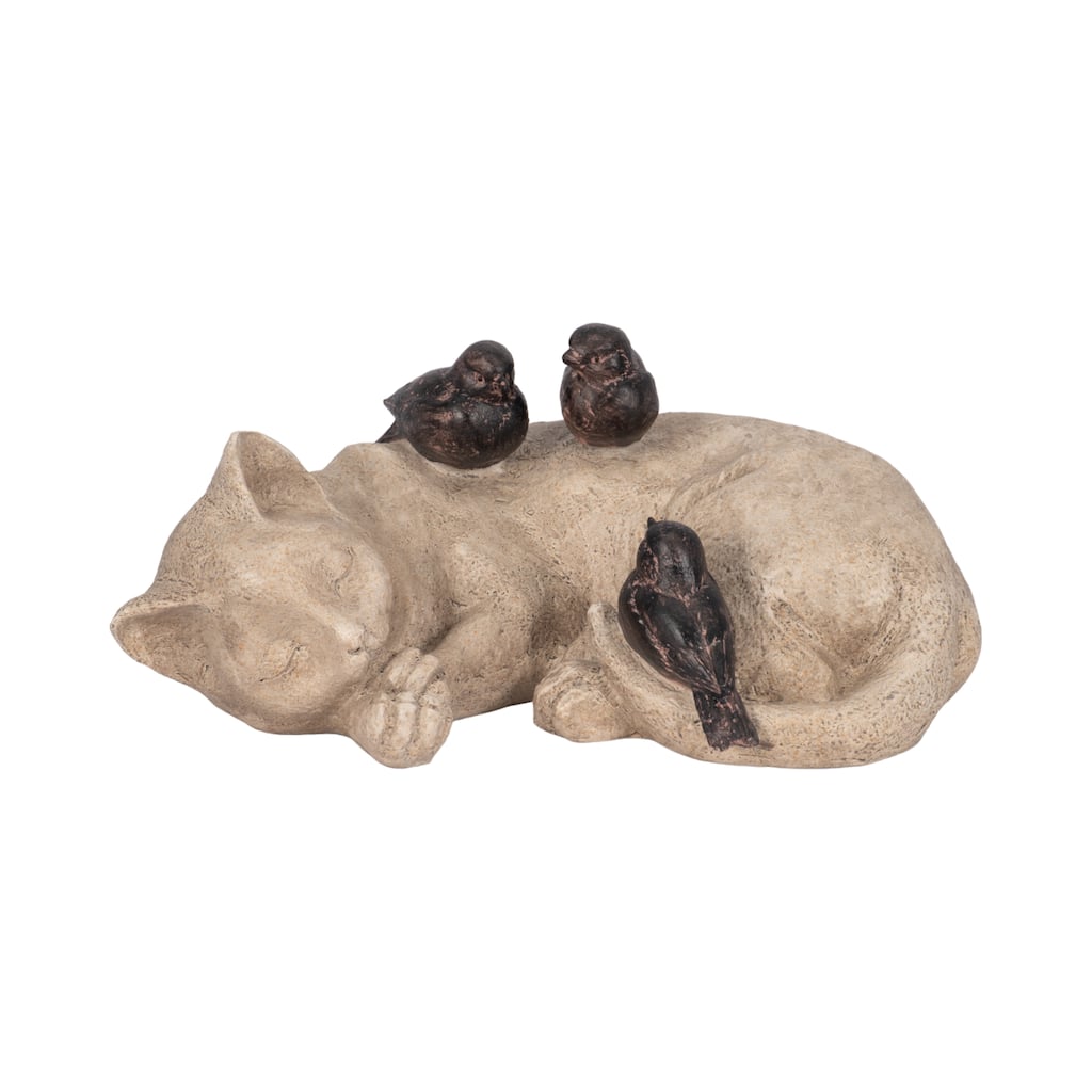 Sagebrook Home 12-inch White/Brown Sleeping Kitty With Birds - Polyresin and Metal Garden Statuary for Decor