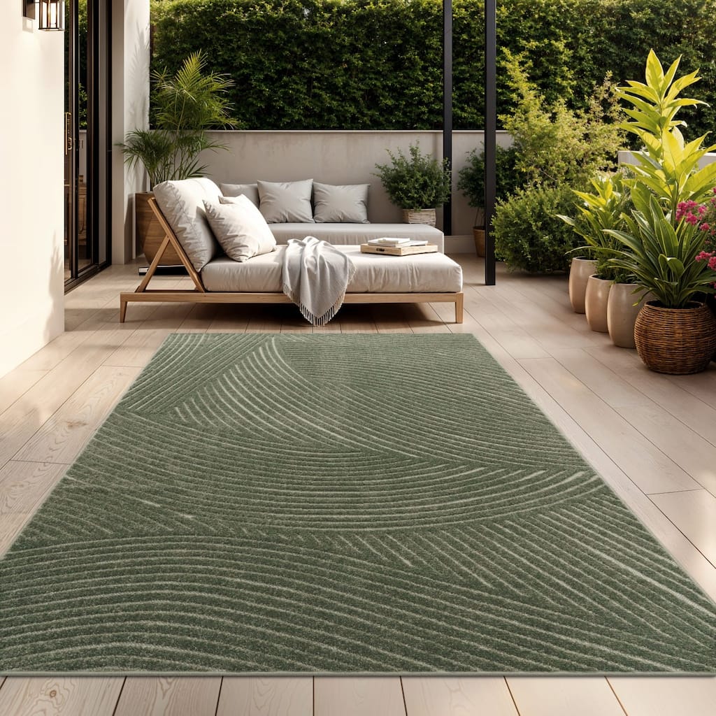 Modern Area Rug Minimalist Design with Carved Line Pattern in Green