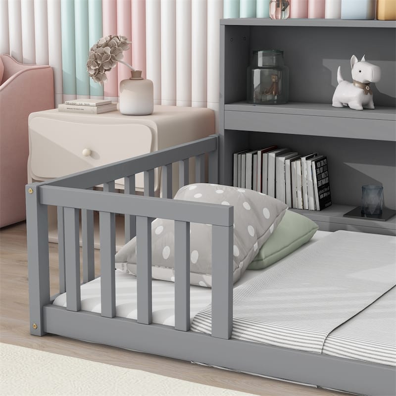 Twin Floor Bed with Bedside Bookcase,Shelves,Guardrails