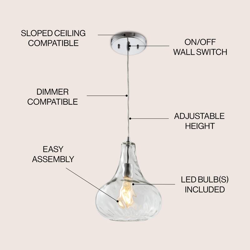 Litchfield 9" Adjustable Metal/Glass LED Pendant, Chrome by JONATHAN Y