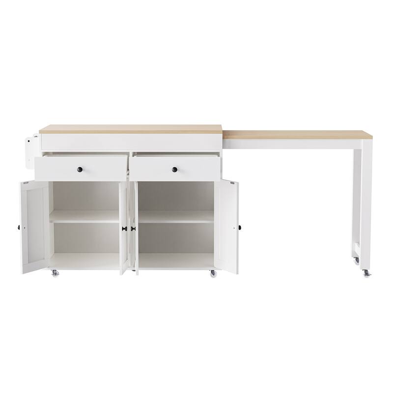 Roomfitters 74.8" Rolling Kitchen Island with Extendable Dining Table, Mobile Cart with 4 Doors, 2 Drawers & Spice Rack