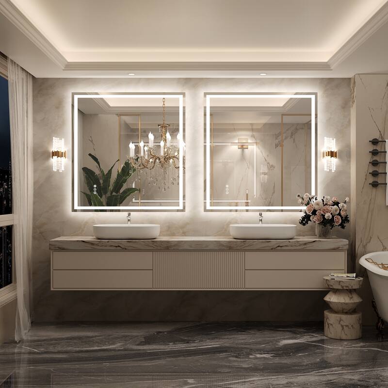 Frameless LED Front Light and Backlit 3 Colors Dimmable Anti-Fog Wall Bathroom Vanity Mirror