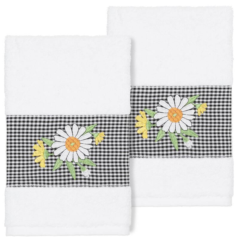 Authentic Hotel and Spa 100% Turkish Cotton Daisy 2PC Embellished Hand Towel Set - White