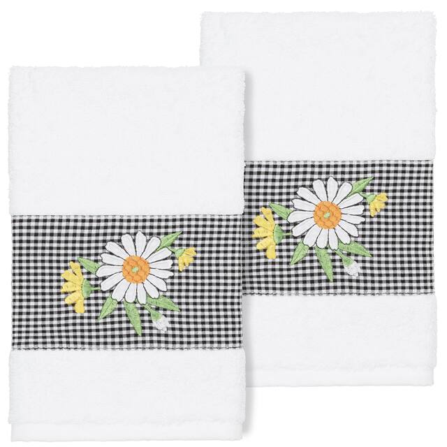 Authentic Hotel and Spa 100% Turkish Cotton Daisy 2PC Embellished Hand Towel Set - White