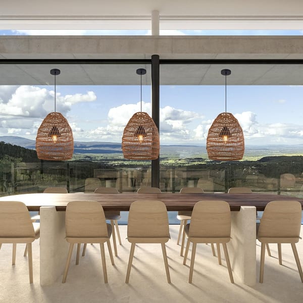 slide 2 of 17, 1-Light Outdoor Wicker Rattan Pendant Light 16 Inch Wide - Brown