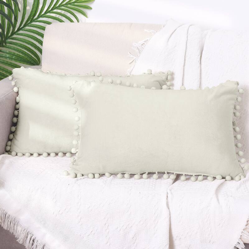 Pack of 2 Velvet Throw Pillow Covers with Pompoms Decorative Pillow Cases Fringe Cushion Covers Velvet Square Sham - Beige - 12 x 20 Inch