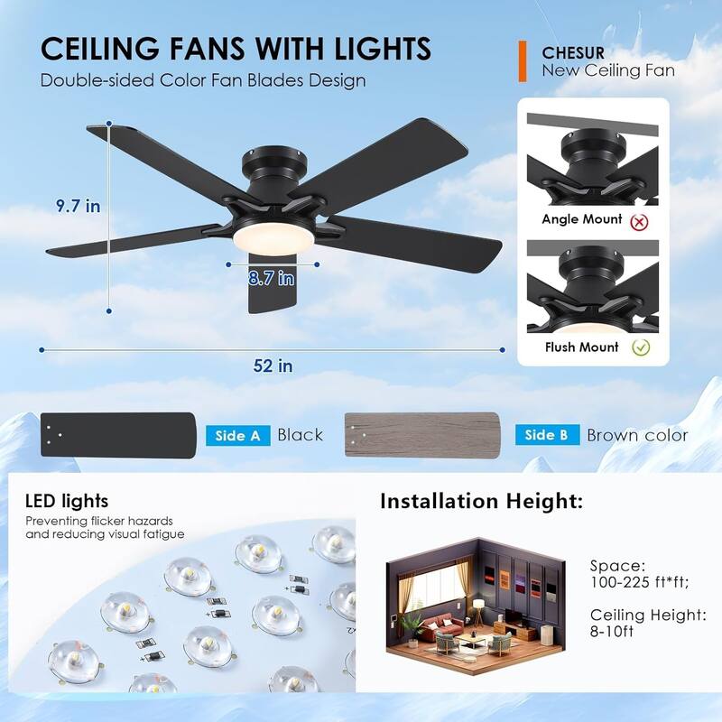 52 Inch Ceiling Fan with Light and Remote,Flush Mount Ceiling Fan,5 Dual Side Blades - 52 Inches