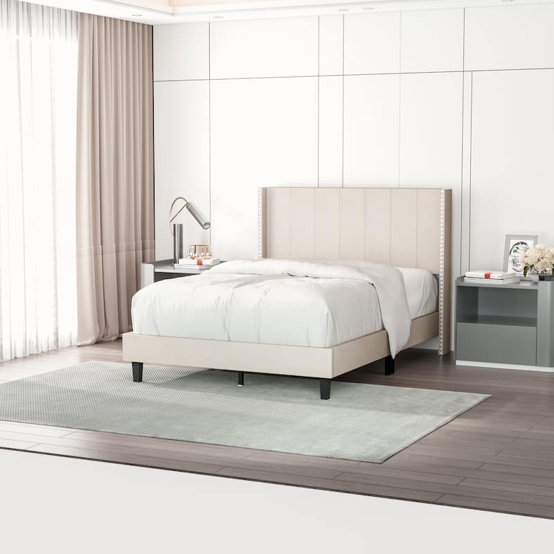 Modern Upholstered Tufted Headboard Platform Bed Frame - Beige - Full