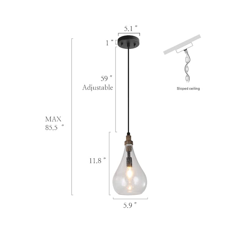 Rustic Farmhouse 1-light Pendant Kitchen Islands Lighting Brown Wood Decor with Seeded Teardrop Glass Shade - D 6'' x H 72''
