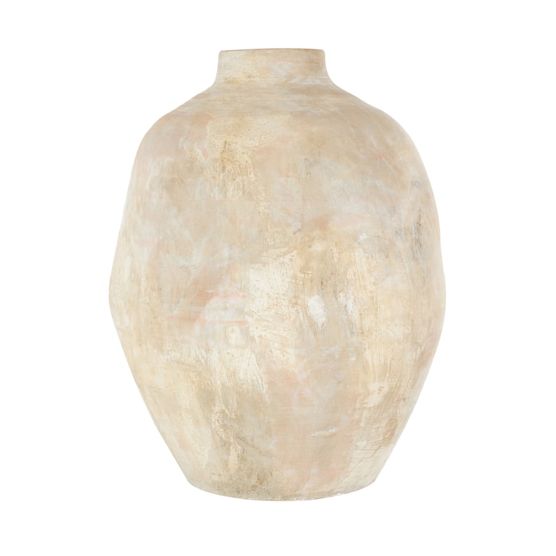 Beige Ceramic Antique Wide Decorative Vase with Shades of Pink