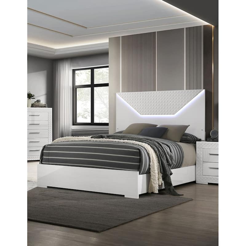 Queen Size Engineered Wood LED Panel Bed with High Gloss Finish and Unique Design Headboard