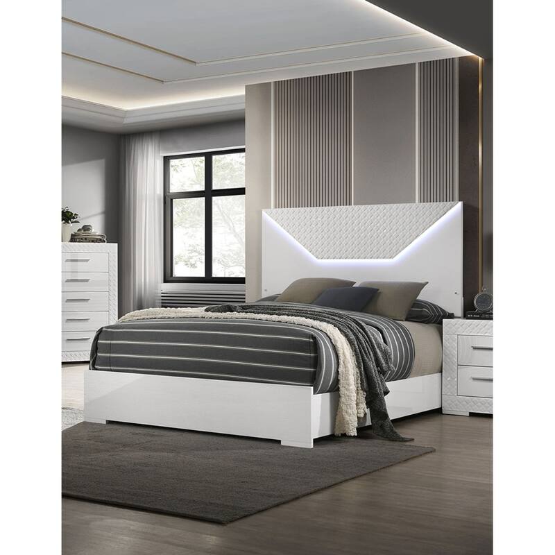 Queen Size High Gloss LED Platform Bed Set with 2 Nightstands and 3pc Contemporary Furniture