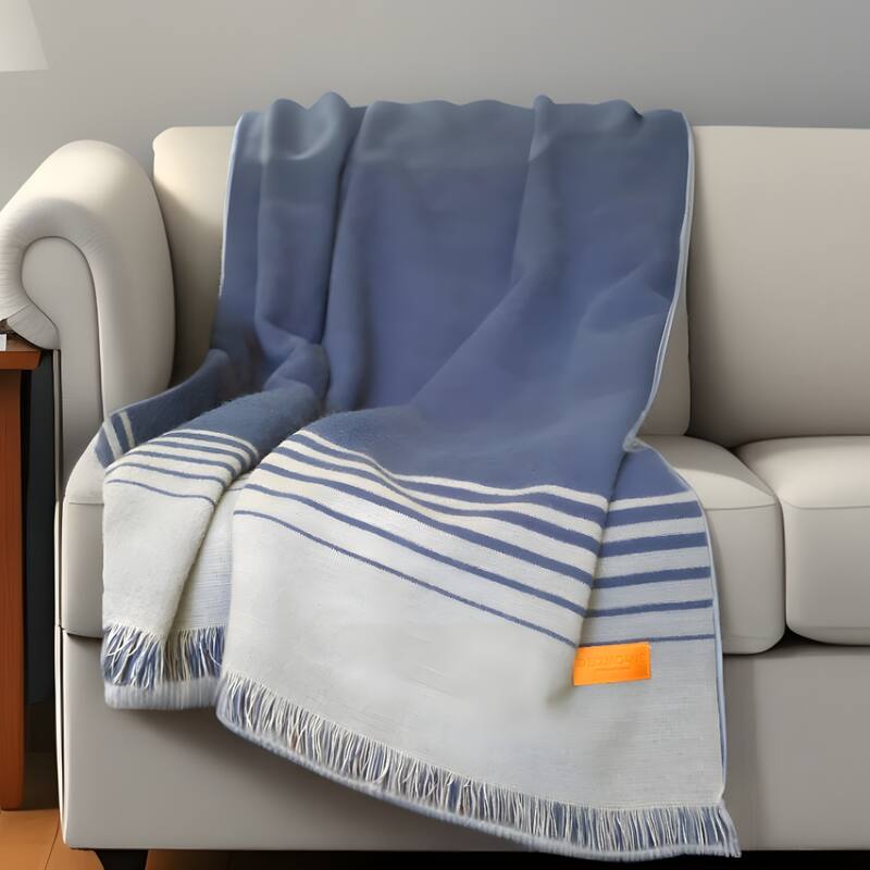 HomeRoots Blue and Gray Woven Microfiber Striped Throw Blanket with Fringe - Throw - Blue/Gray
