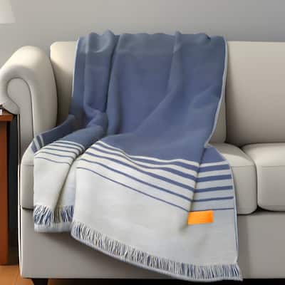 HomeRoots Blue and Gray Woven Microfiber Striped Throw Blanket with Fringe
