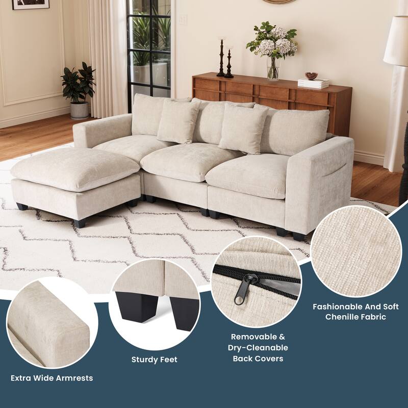 Lucca 4-Piece Chenille Upholstered Modular Sectional with USB Port