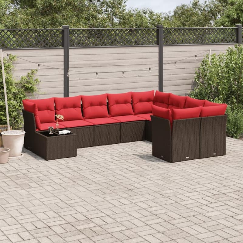 vidaXL 10 Piece Patio Sofa Set with Cushions Black/Brown/Gray Poly Rattan - 21.7 x 24.4 x 27.2