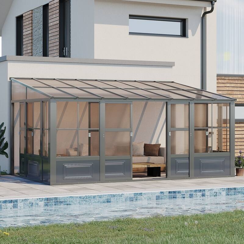 Erommy Outdoor Solarium Sunroom, Patio Hardtop Gazebo, Aluminum Frame Permanent Gazebo with Sliding Doors and Screens