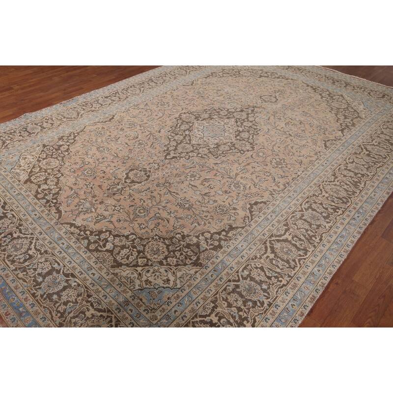 Distressed Traditional Mashad Persian Vintage Handmade Wool Carpet - 8'0"x 11'5"