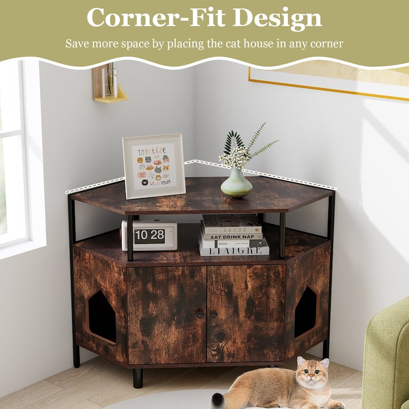 Gymax Corner Cat Litter Box Enclosure End Table w/ Open Shelf 2
