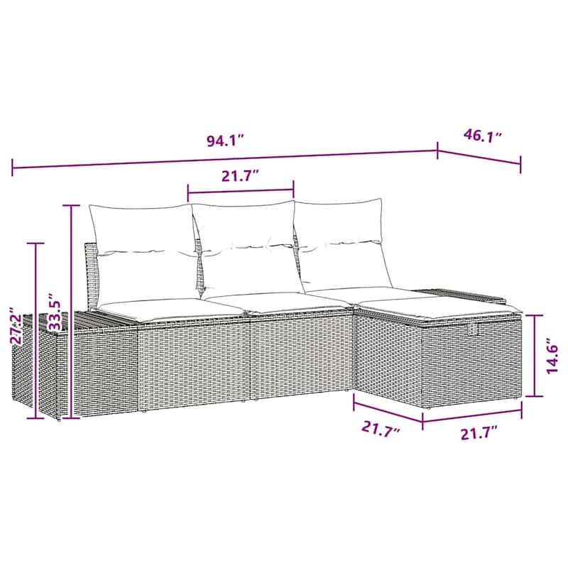 vidaXL Garden Sofa Set with Cushion 4 pcs Black Poly rattan - 46 x 94 x 33