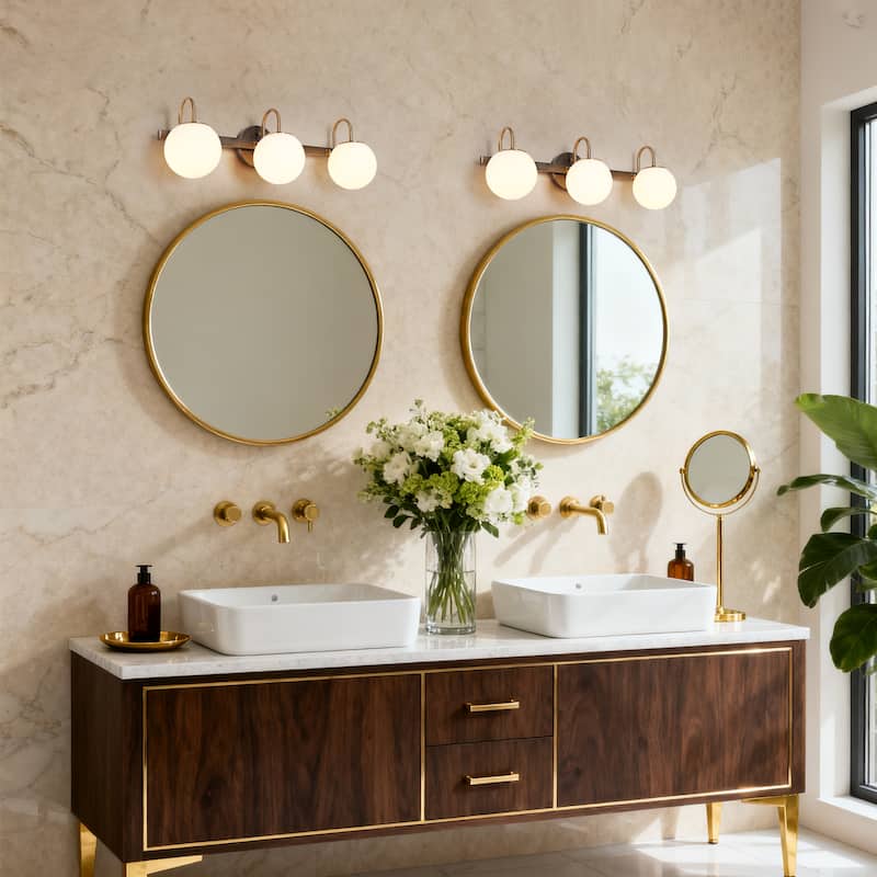 Aladari Modern Gold 3-Light Bathroom Vanity Lights Opal Glass Wall Sconces