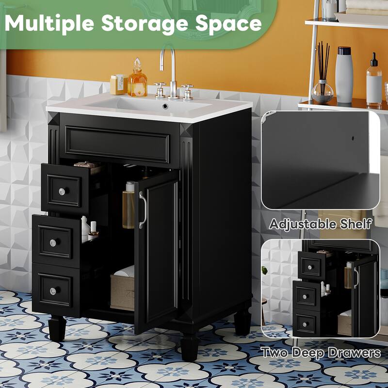 24" Bathroom Vanity with Ceramic Sink - Modern 2-Drawer Storage Cabinet, Adjustable Shelf, Space-Saving Design