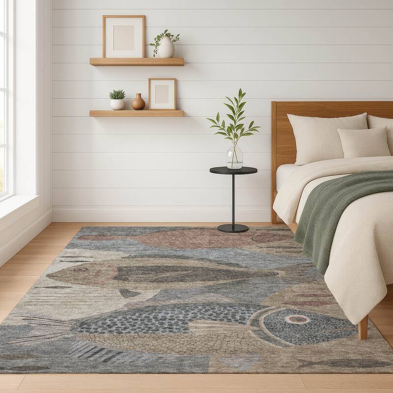 Machine Washable Indoor/ Outdoor Modern Fish Chantille Rug