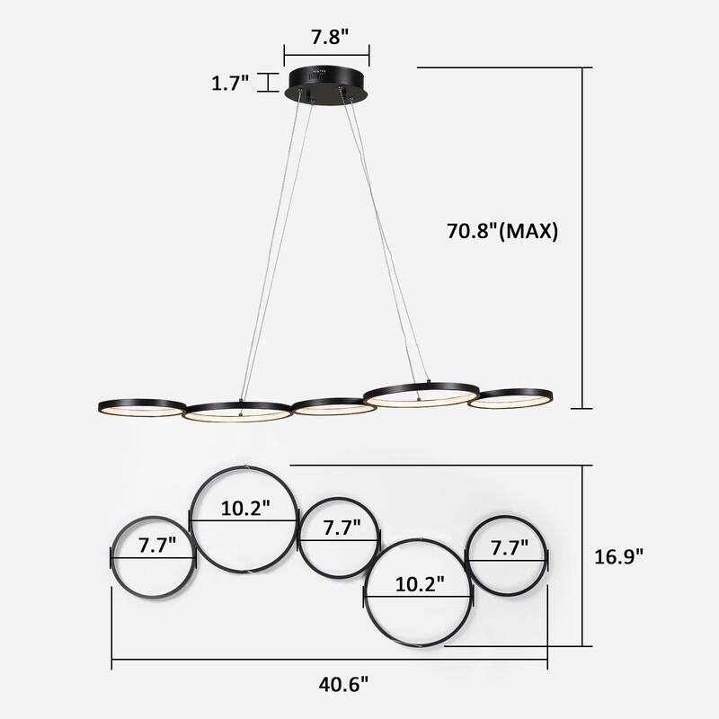5 - Light Modern Black Circle Metal Integrated LED Pendant Chandelier ...
