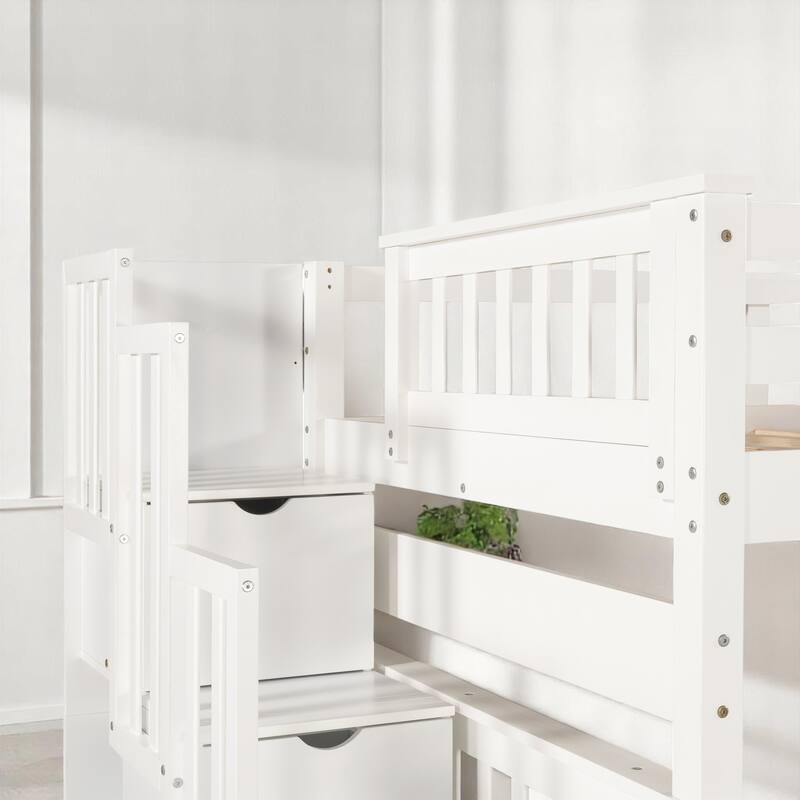 Full Over Full Bunk Bed with Storage Drawers and Shelves, Convertible Staircase Bunk Beds with Guardrails,No Box Spring Required