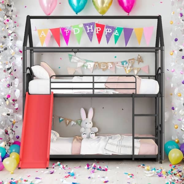 slide 2 of 9, 2 In 1 Multifunction Twin Over Twin Metal Bunk Bed With Slide Red+Black Metal