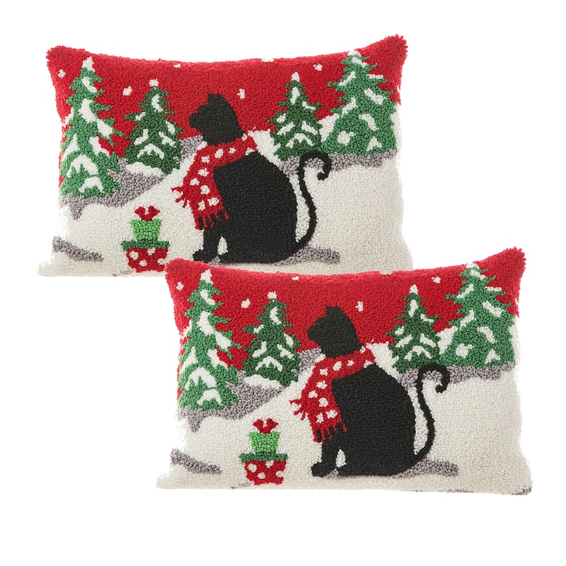 Glitzhome 18"L x 12"H Hooked Christmas Cat Dog Pillow Cushion for Xmas Sofa Home Decor - Cat&Cat