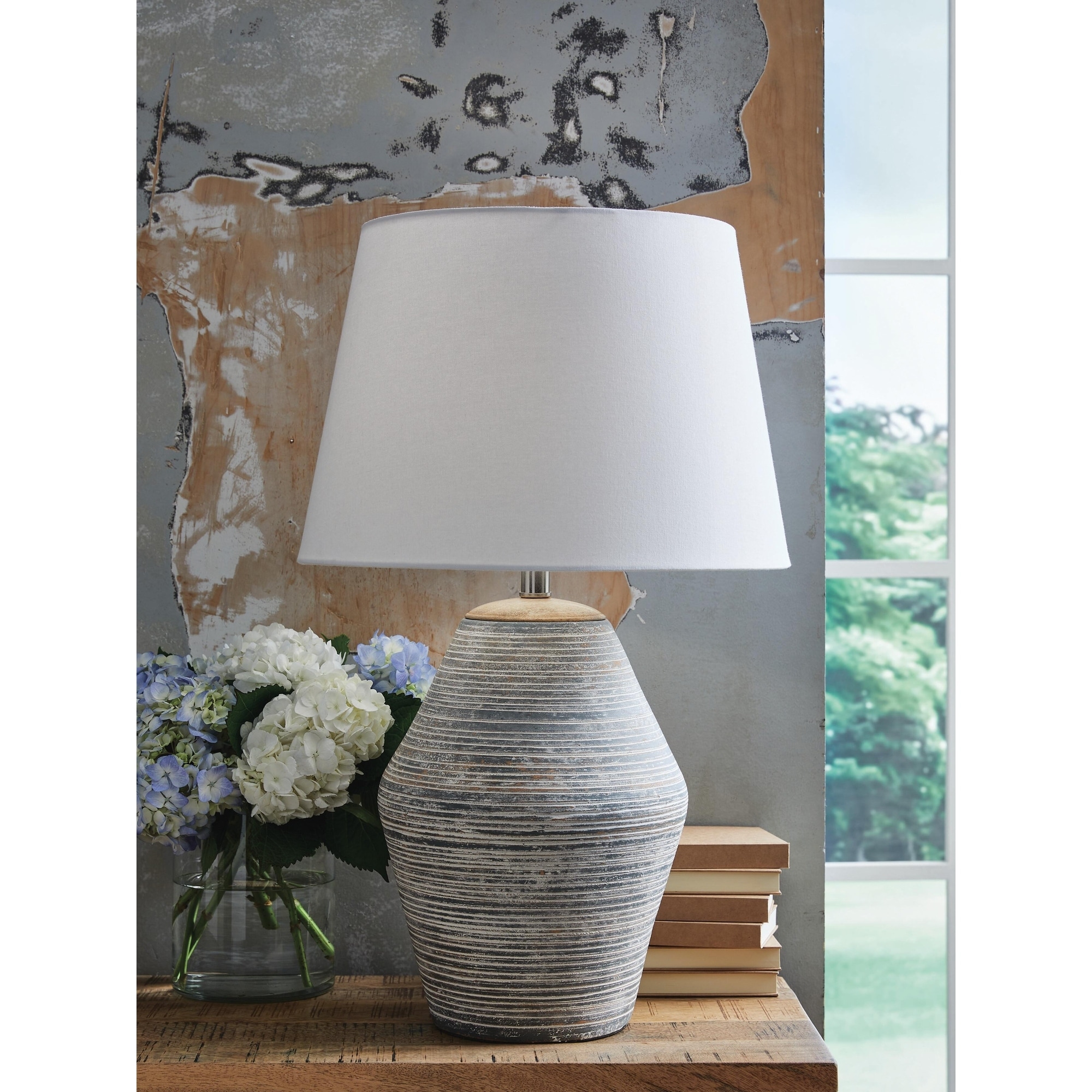 Signature Design by Ashley Lawrock Blue/White Table Lamp - 17" W x 17" D x 28" H