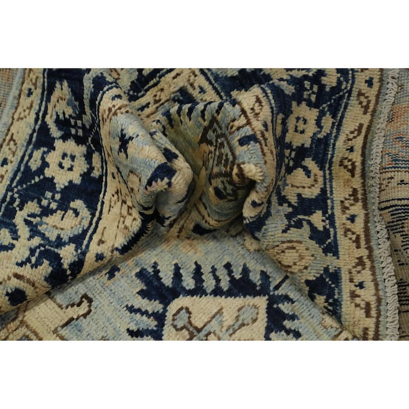 Hand Knotted Oriental Wool Carpet Transitional All-Over Navy Blue & Blues Oushak Area Rug - 7' 0'' X 3' 11''