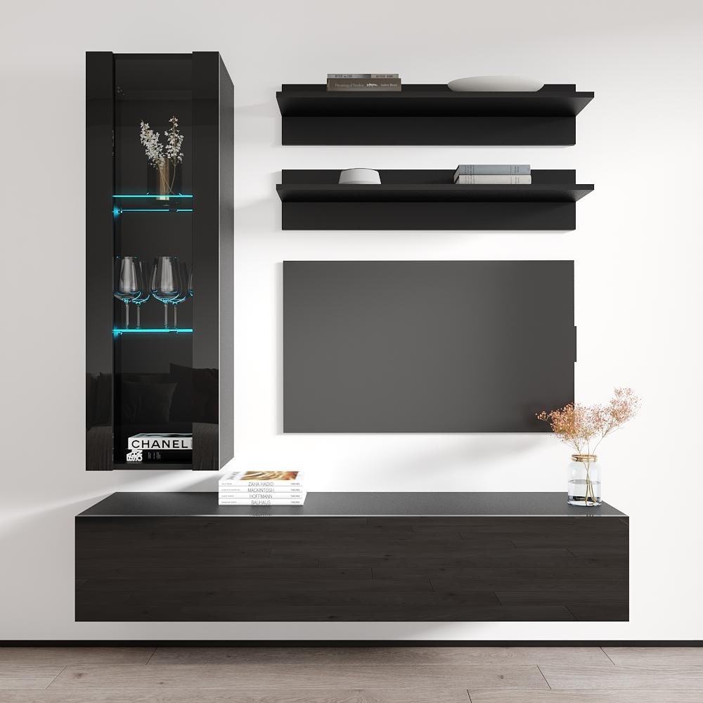 Meble Furniture Fly H2 63" Wall-Mounted Floating Entertainment Center with LED Lights and Glass Cabinet for up to 70" TVs