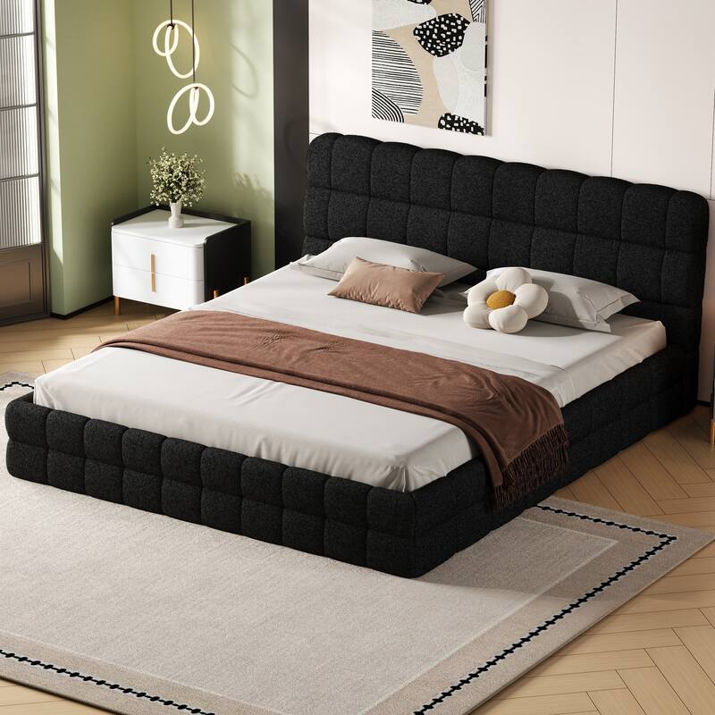 Upholstered Platform Bed with Headboard, No Box Spring Needed Low Profile Bed, Wood Slat Support Grounding Bed - Black - King
