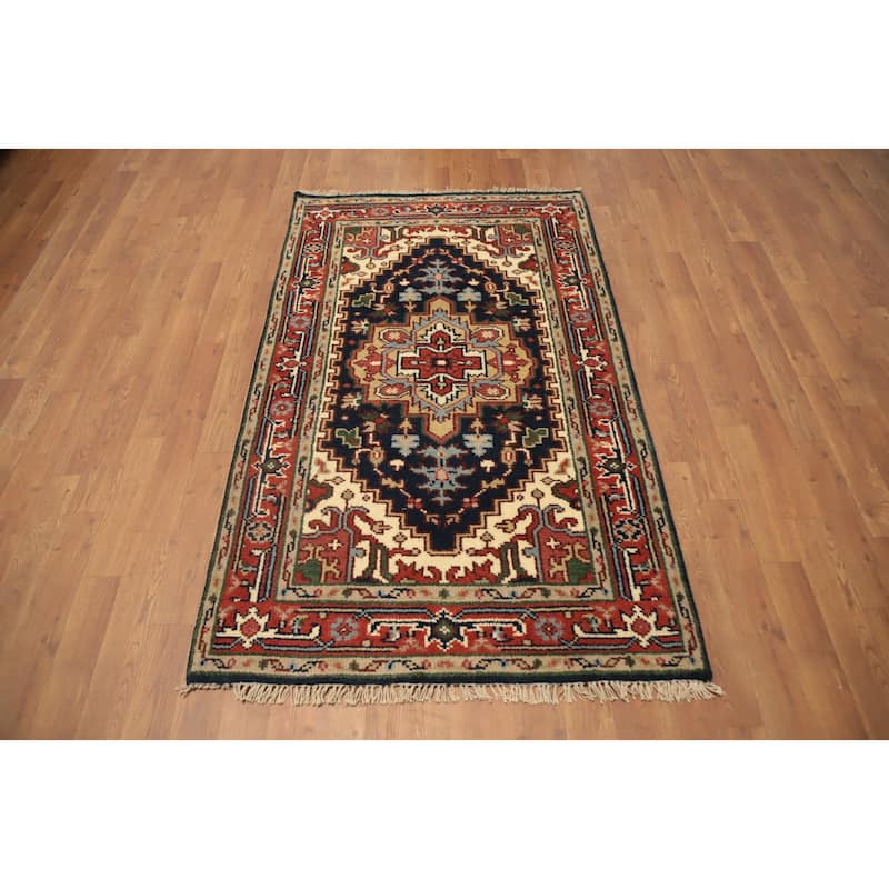 Hand Knotted Oriental 100% Wool Carpet Traditional Medallion Navy Blue & Blues Heriz (serapi) Area Rug - 5' 0'' X 3' 0''
