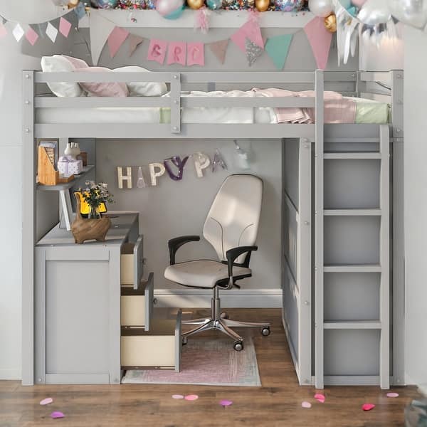 slide 2 of 14, Elegant Full size Loft Bed with Drawers, Desk and Wardrobe, Health and Comfort, Sturdy Construction & Safety Guaranteed, Grey Grey