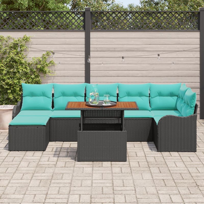 vidaXL 8 Piece Garden Sofa Set with Cushions Black Poly Rattan - 113.2×48.2×27.2