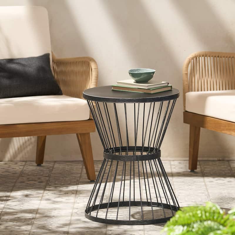 Roomfitters Lassen Outdoor Side Table, 16" Round Accent Table with Hourglass Wire Frame